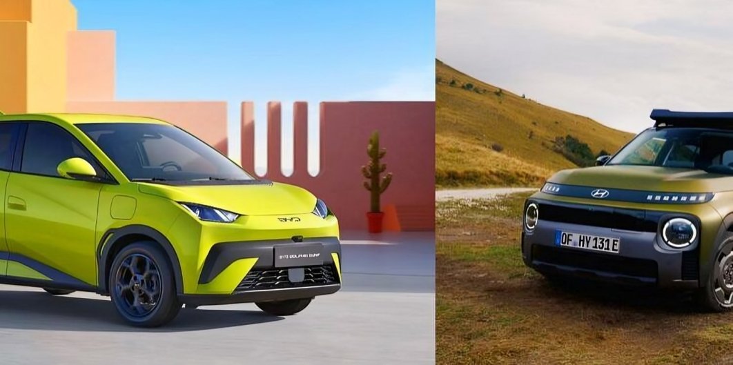 Comparativa visual Hyundai Inster o BYD Dolphin mostrando diseños, dimensiones y características técnicas principales