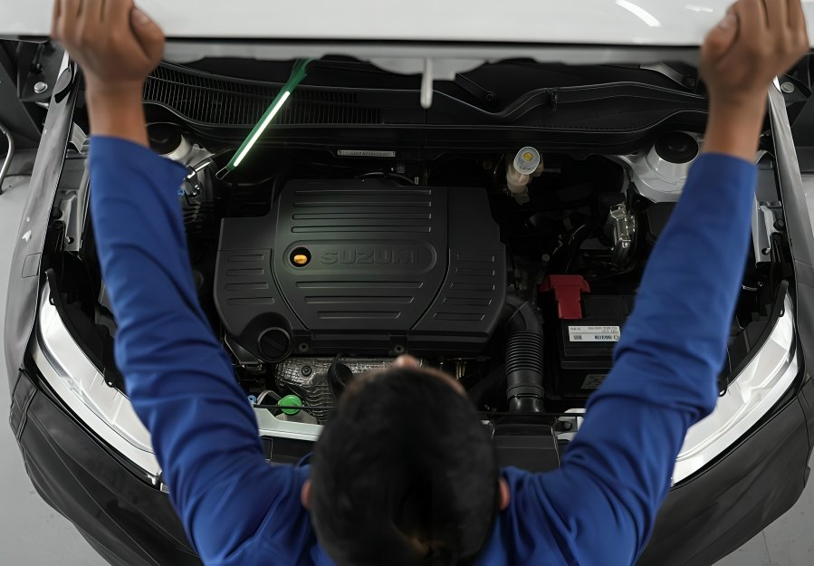 Técnico revisando frenos de un auto Suzuki antes de un viaje largo