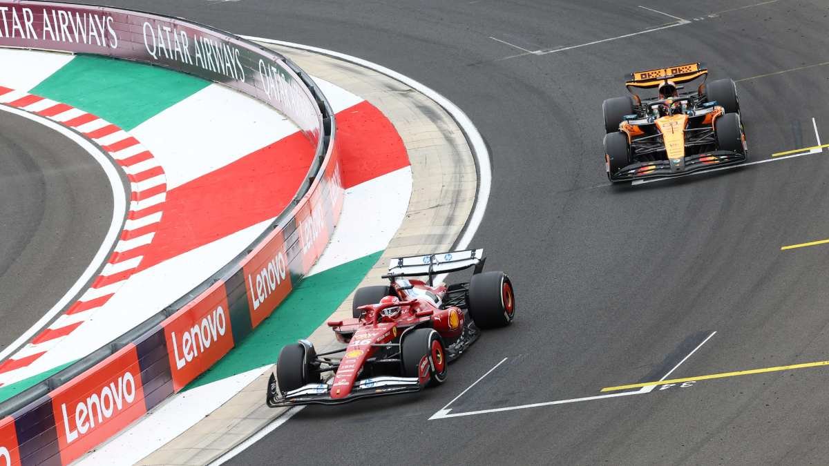 Imagen del GP Hungría 2025 con autos de F1 en acción en Hungaroring.