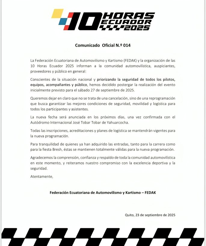 Autódromo José Tobar Tobar Yahuarcocha sede 10 Horas Ecuador 2025 FEDAK postergación