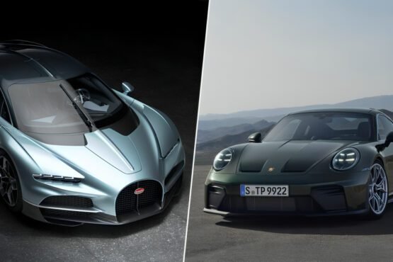 Mate Rimac CEO de Bugatti junto a superdeportivo Tourbillon representando la fusión Bugatti Rimac Porsche
