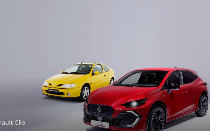Renault Clio híbrido E-Tech 2026 frontal con diseño renovado y firma luminosa media flecha en París