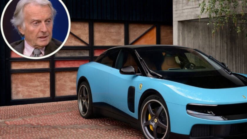 Vista frontal del Ferrari Luce, primer auto eléctrico de la marca italiana, diseño de Jony Ive, sobre fondo neutro.