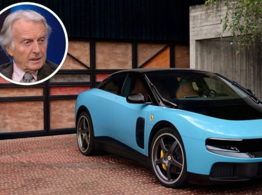 Vista frontal del Ferrari Luce, primer auto eléctrico de la marca italiana, diseño de Jony Ive, sobre fondo neutro.