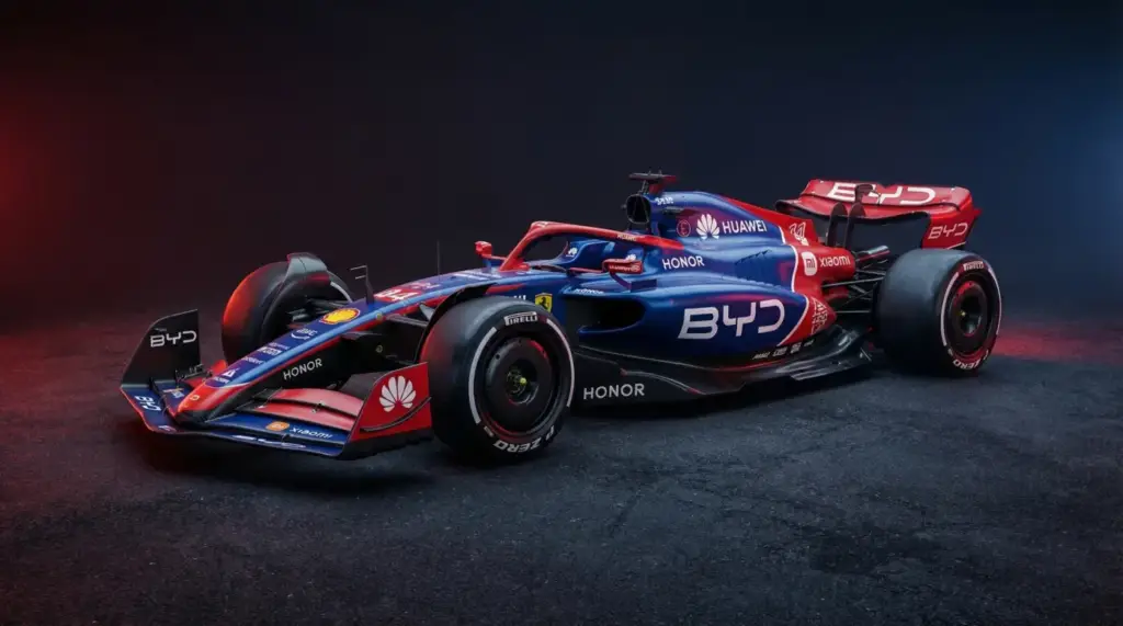 Logotipo de BYD junto al símbolo oficial de la Fórmula 1 en referencia a su posible ingreso como 12° equipo