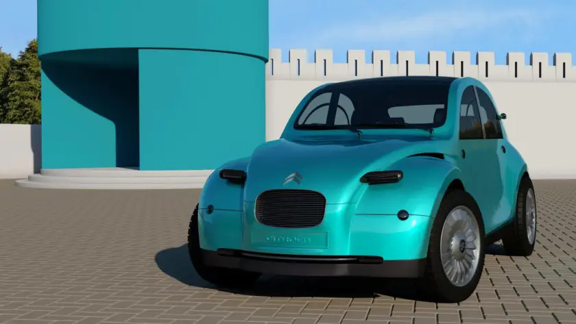 Ilustración digital del nuevo Citroën 2CV de 2026, diseño moderno con estilo retro, frente y laterales del vehículo
