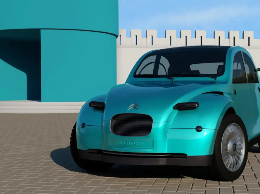Ilustración digital del nuevo Citroën 2CV de 2026, diseño moderno con estilo retro, frente y laterales del vehículo