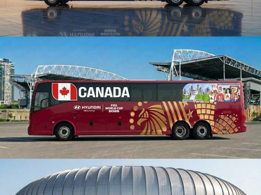 Autobús oficial de la selección nacional decorado con dibujos infantiles de Hyundai para la Copa Mundial de la FIFA 2026™.