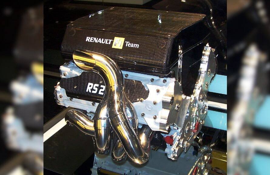 Logos de Mercedes, Ferrari y Red Bull junto a un esquema técnico de motor V8 de Fórmula 1