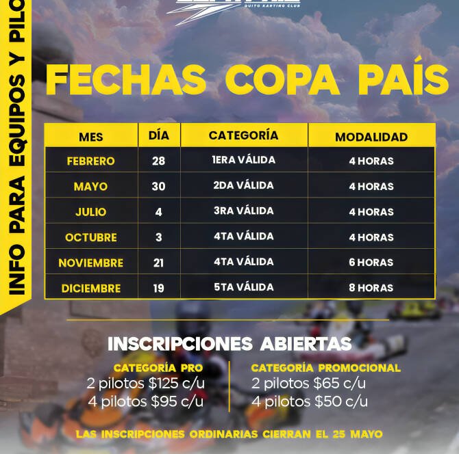 Pilotos compitiendo en la Copa País 2026 Quito Karting Club en el Kartódromo 2 Hemisferios