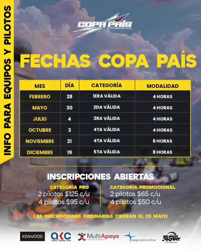 Pilotos compitiendo en la Copa País 2026 Quito Karting Club en el Kartódromo 2 Hemisferios