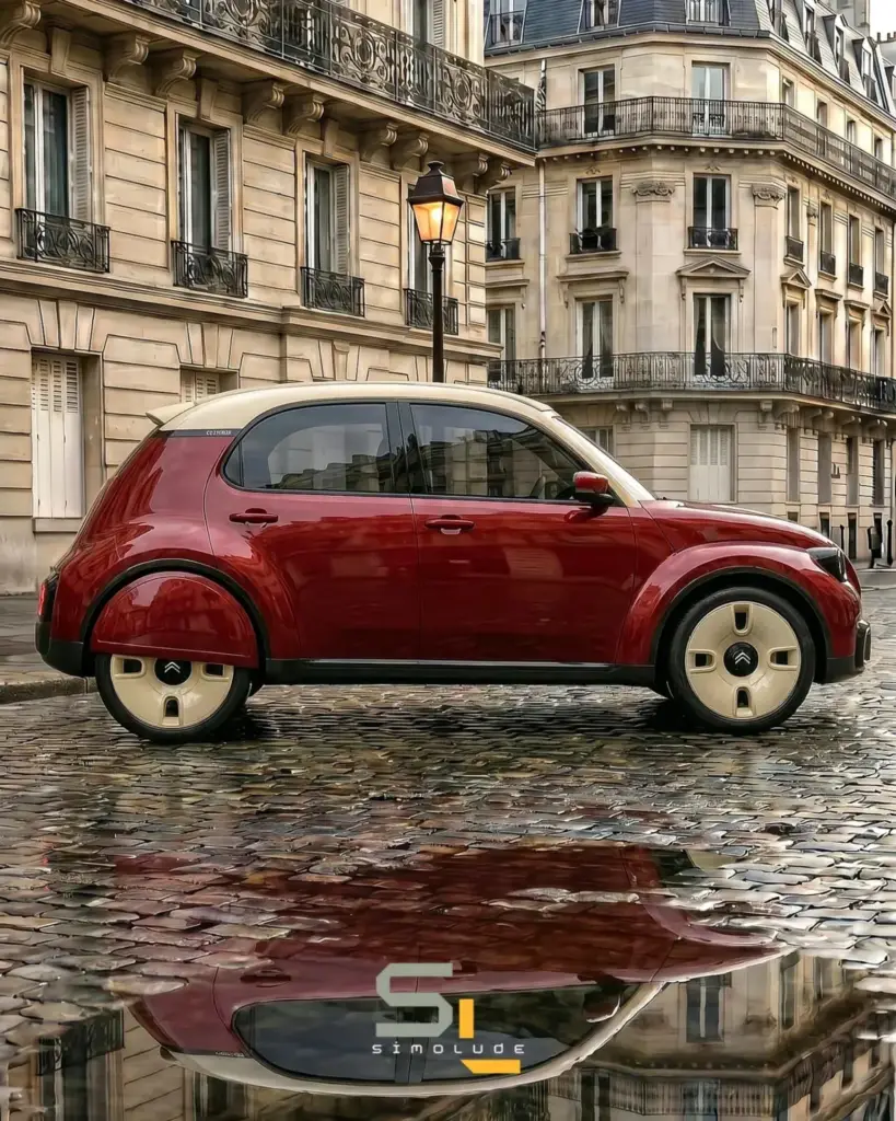 Ilustración del nuevo Citroën 2CV con diseño retro y líneas modernas, inspirado en el modelo clásico