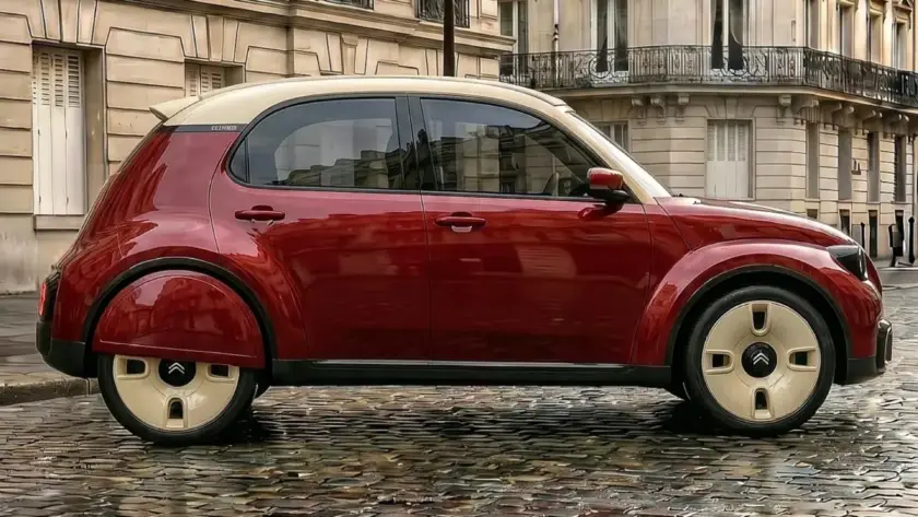 Ilustración del nuevo Citroën 2CV con diseño retro y líneas modernas, inspirado en el modelo clásico