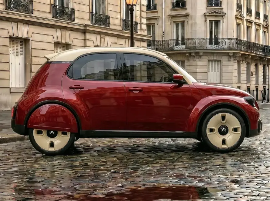 Ilustración del nuevo Citroën 2CV con diseño retro y líneas modernas, inspirado en el modelo clásico