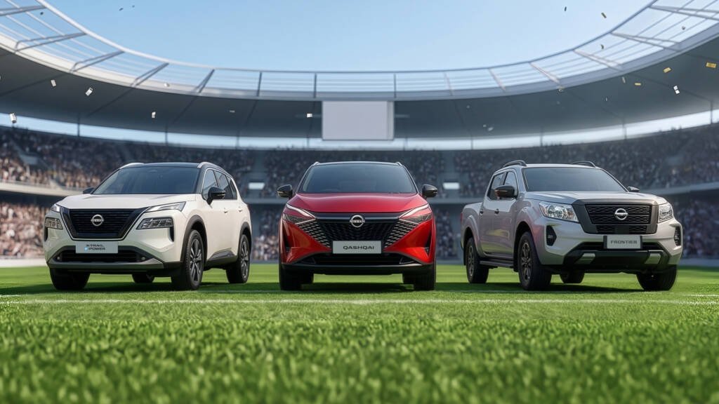 Exhibición de vehículos todoterreno de Nissan junto a decoraciones deportivas que ilustran la experiencia inspirada en la pasión futbolera.