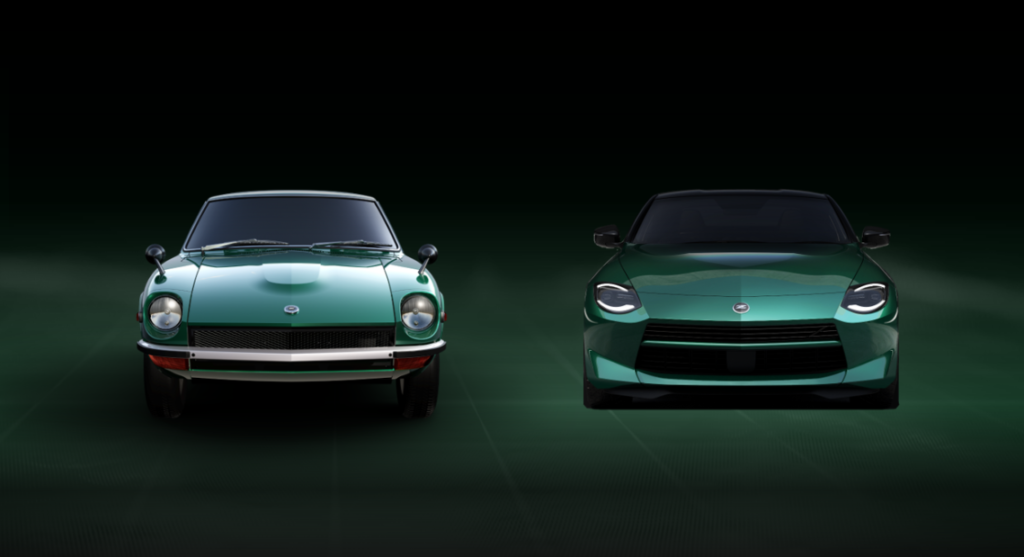 Vista lateral en ángulo del Nissan Z 2027 en color Verde Perla Metalizado Shinkai mostrando las llantas de diez radios.