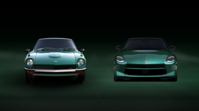 Vista lateral en ángulo del Nissan Z 2027 en color Verde Perla Metalizado Shinkai mostrando las llantas de diez radios.