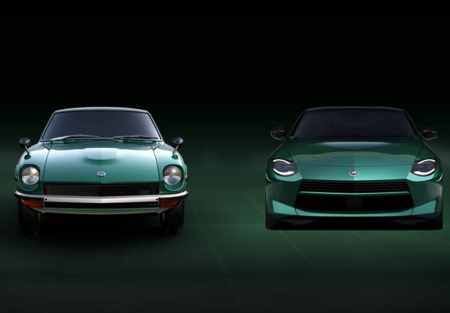 Vista lateral en ángulo del Nissan Z 2027 en color Verde Perla Metalizado Shinkai mostrando las llantas de diez radios.