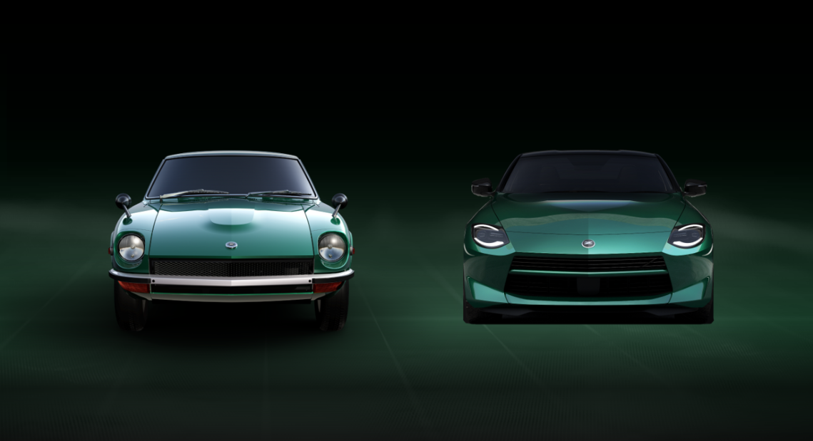 Vista lateral en ángulo del Nissan Z 2027 en color Verde Perla Metalizado Shinkai mostrando las llantas de diez radios.