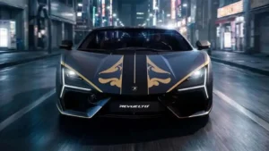 Vista lateral del superdeportivo Lamborghini Revuelto Impavido con acabado de pintura exclusivo y detalles en bronce.