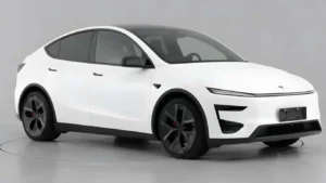 Fila de vehículos eléctricos Tesla listos para su distribución en los patios exteriores de la fábrica Giga Shanghai, ilustrando la gama del Model Y.