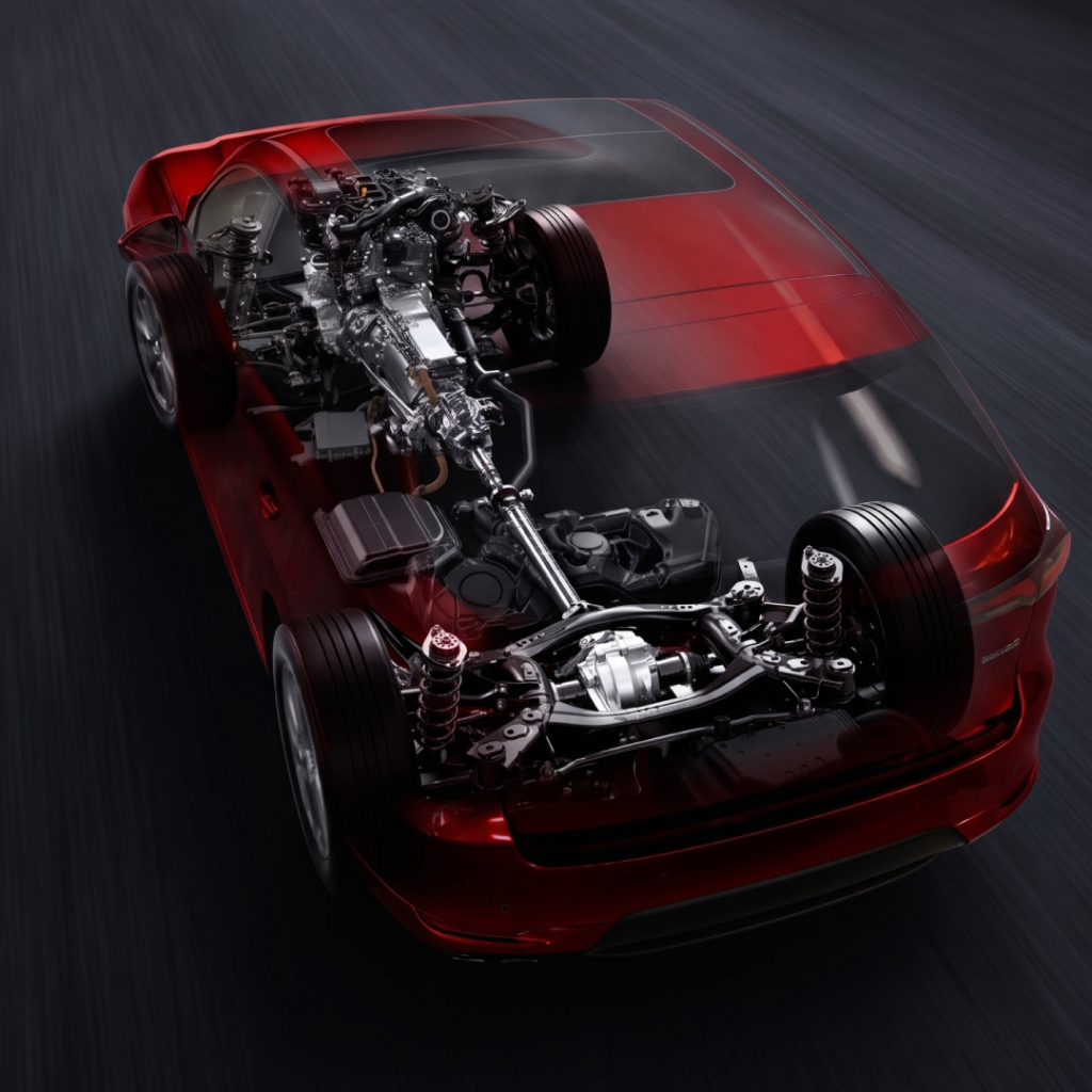 Motor de combustión con la tecnología SKYACTIV de Mazda expuesto sobre un chasis aligerado.