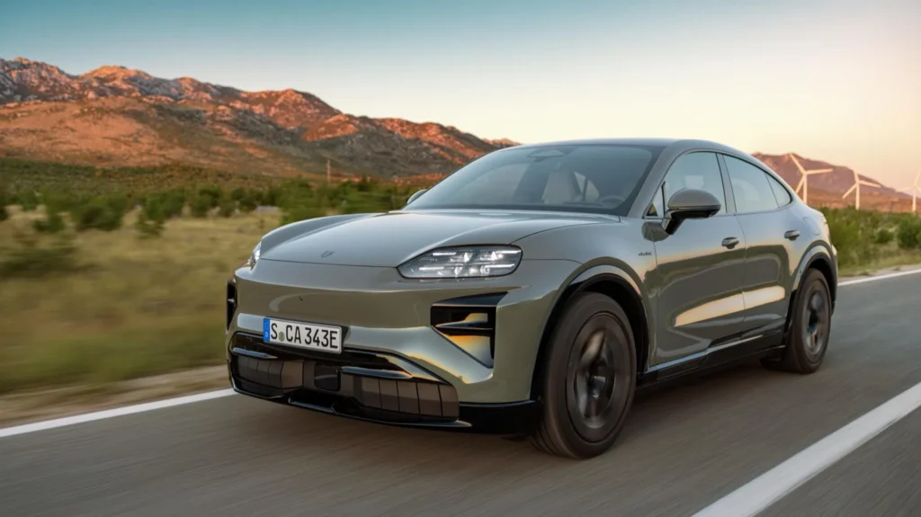 Vista frontal del nuevo SUV eléctrico de lujo Bentley Torcal con fondo de paisaje rocoso del Torcal de Antequera