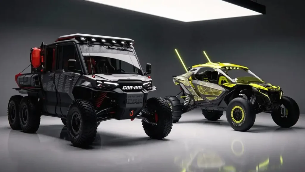 Prototipo todoterreno Can-Am Defender Prerunner con tracción 6x6 y neumáticos para dunas en circuito.