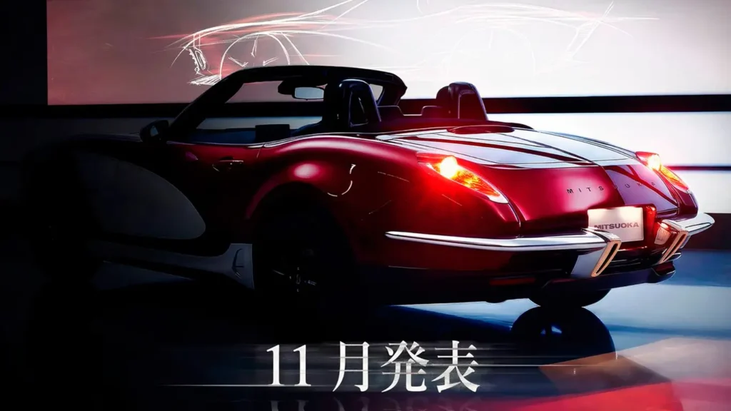 Vista posterior de los faros verticales del coche deportivo Mitsuoka de estilo retro en su tercer adelanto.