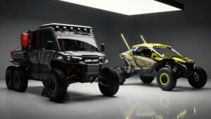 Can-Am presenta el prototipo Defender 6x6 Prerunner con neumáticos de 35 pulgadas y caja LinQ para asistencia técnica en carreras todoterreno.