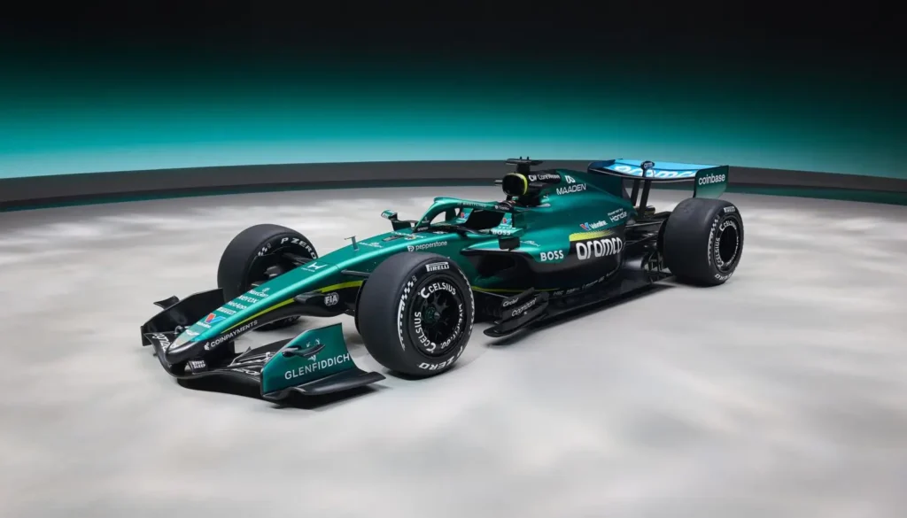 Monoplaza de Aston Martin atravesando la recta del circuito de Monza evidenciando el déficit de potencia del motor Honda.