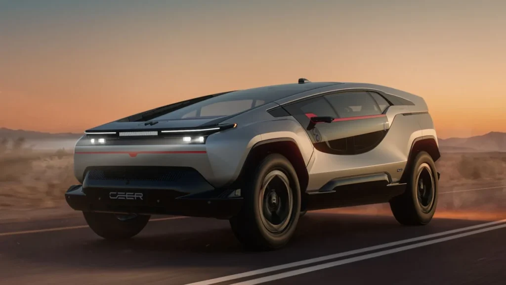 SUV eléctrico Exobot de CEER, primera marca de autos de Arabia Saudita, en una carretera al atardecer