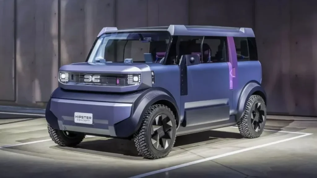 Dacia Hipster Concept azul exhibido en un recinto interior