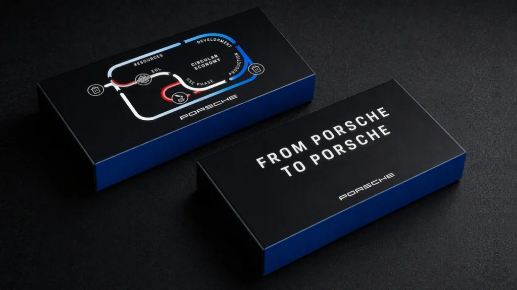 Cajas con el lema From Porsche to Porsche del proyecto de celdas de batería con cátodo reciclado