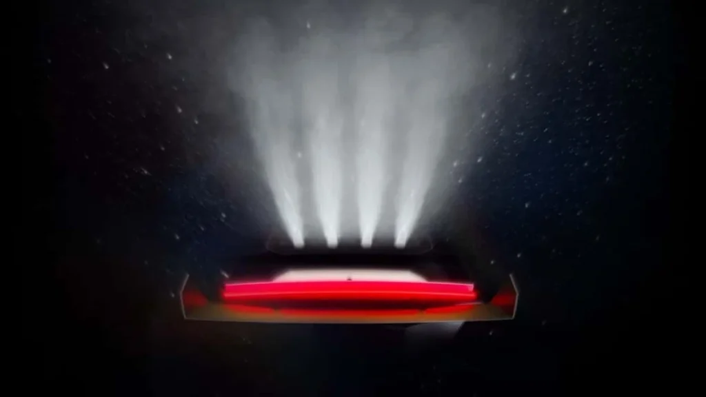 Tesla Roadster rojo en exhibición de diseño de superdeportivo eléctrico