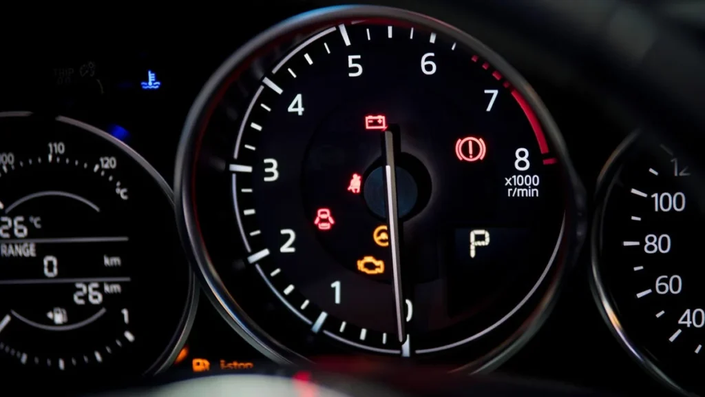 Iconos luminosos de alerta y temperatura encendidos en el cuadro de instrumentos