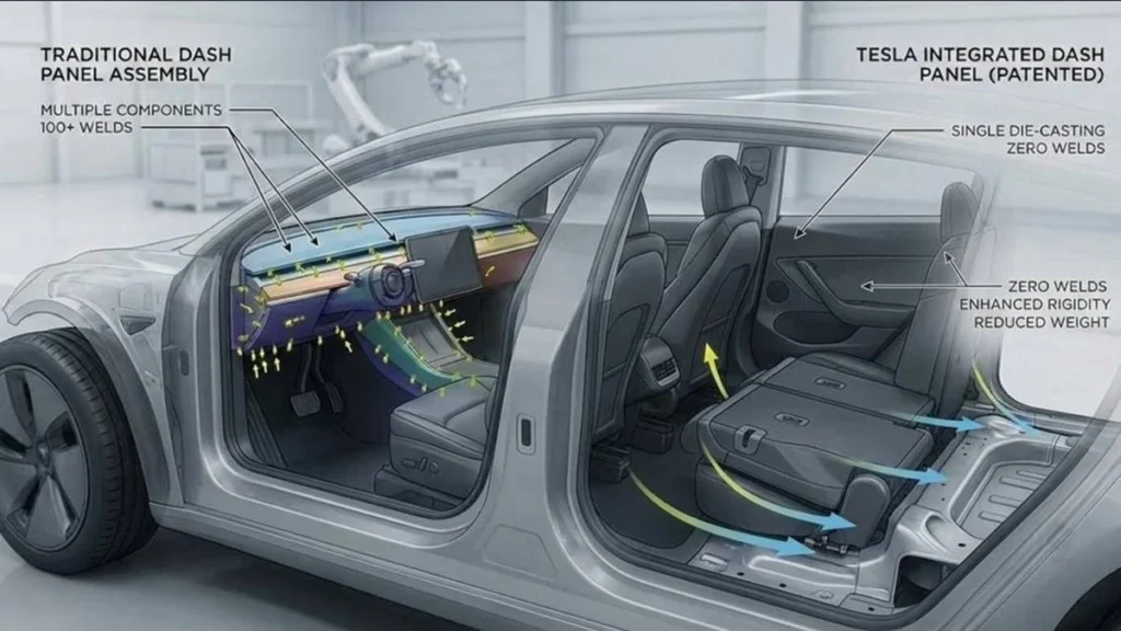 Esquema técnico de producción industrial y chasis de vehículo eléctrico Tesla